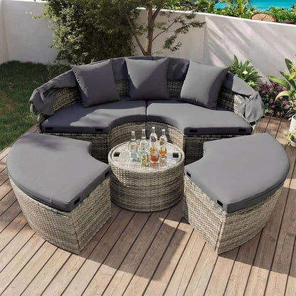 Patio Round Daybed with Retractable , Outdoor Wicker Rattan urniture Set, Sectional Cushioned Soa Set with Height Adjustable Coe
