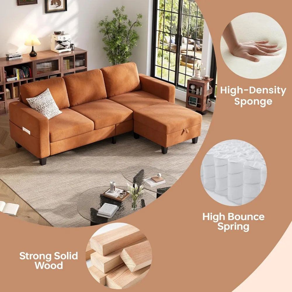 Sectional Sofa and Couches for Living Room, 78'' Orange 3 Seat L-Shaped Couch with Movable Ottoman, Comfy Velvet Convertible Sec