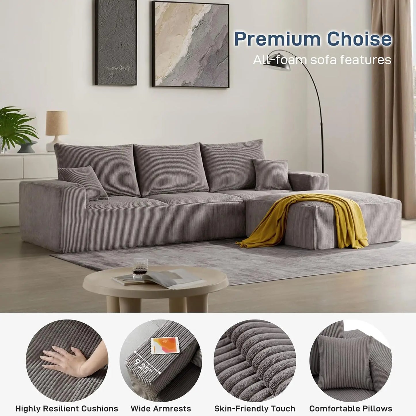 Cloud Boneless Sofa Couches for Living Room-113'' Gray 3 Seater Lounge Modern Sleeper Couch-No Assembly Required