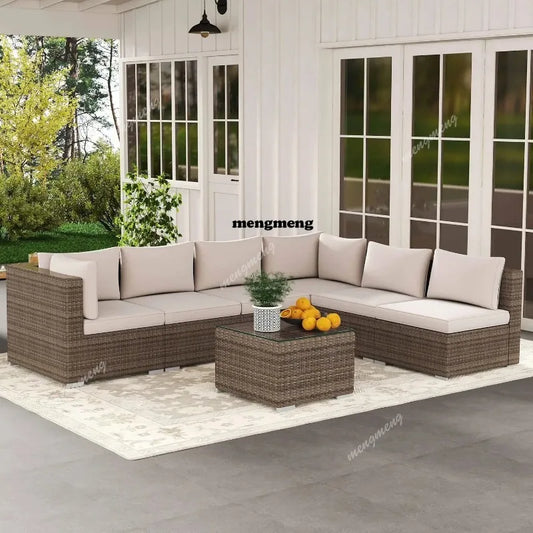 7-Piece Outdoor Patio Furniture Set, Outdoor Couch - Handwoven All-Weather Rattan & 4” Thick Waterproof Cushions,, Customized