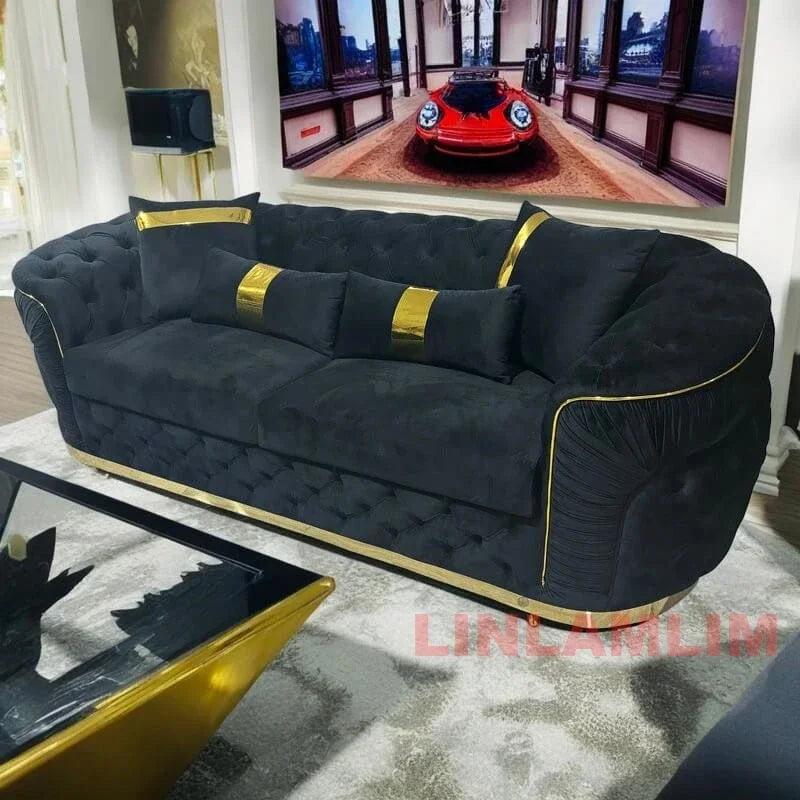 Luxury Chesterfield Sectional Sofa Set with Cloth Buttons and Fabric Modular Couch with Gold Stainless Steel Base, 3-seater Sofa