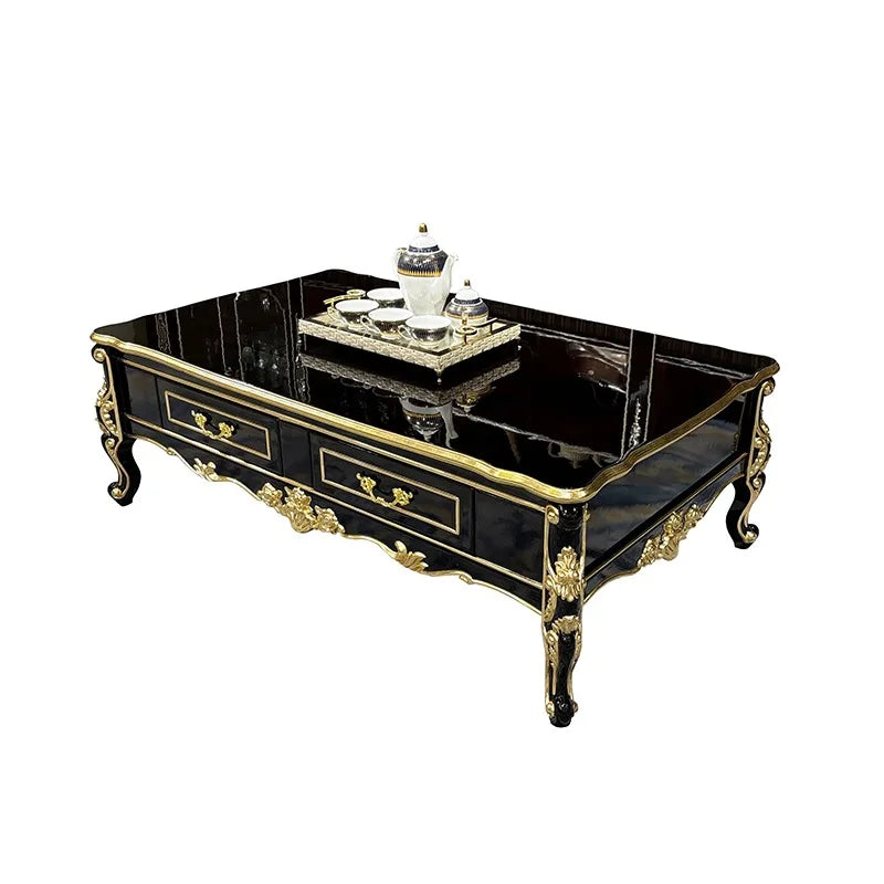French solid wood large coffee table European rectangular solid wood carving double-layer tea table