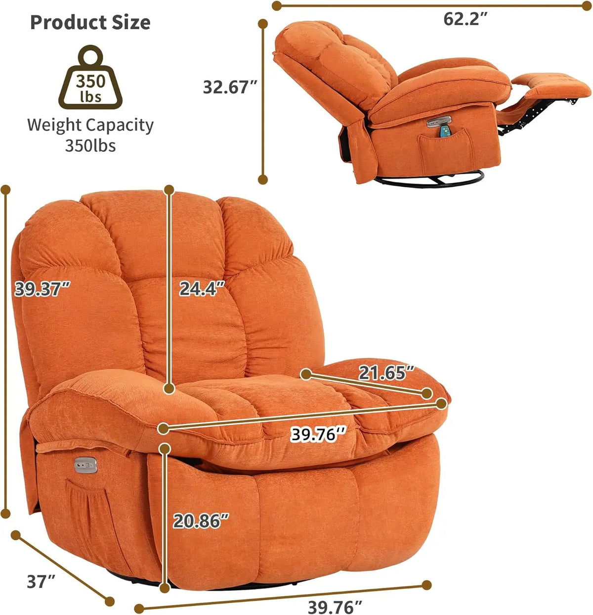 Swivel Recliner with Massage & Heat, Power Glider, USB/USB-C