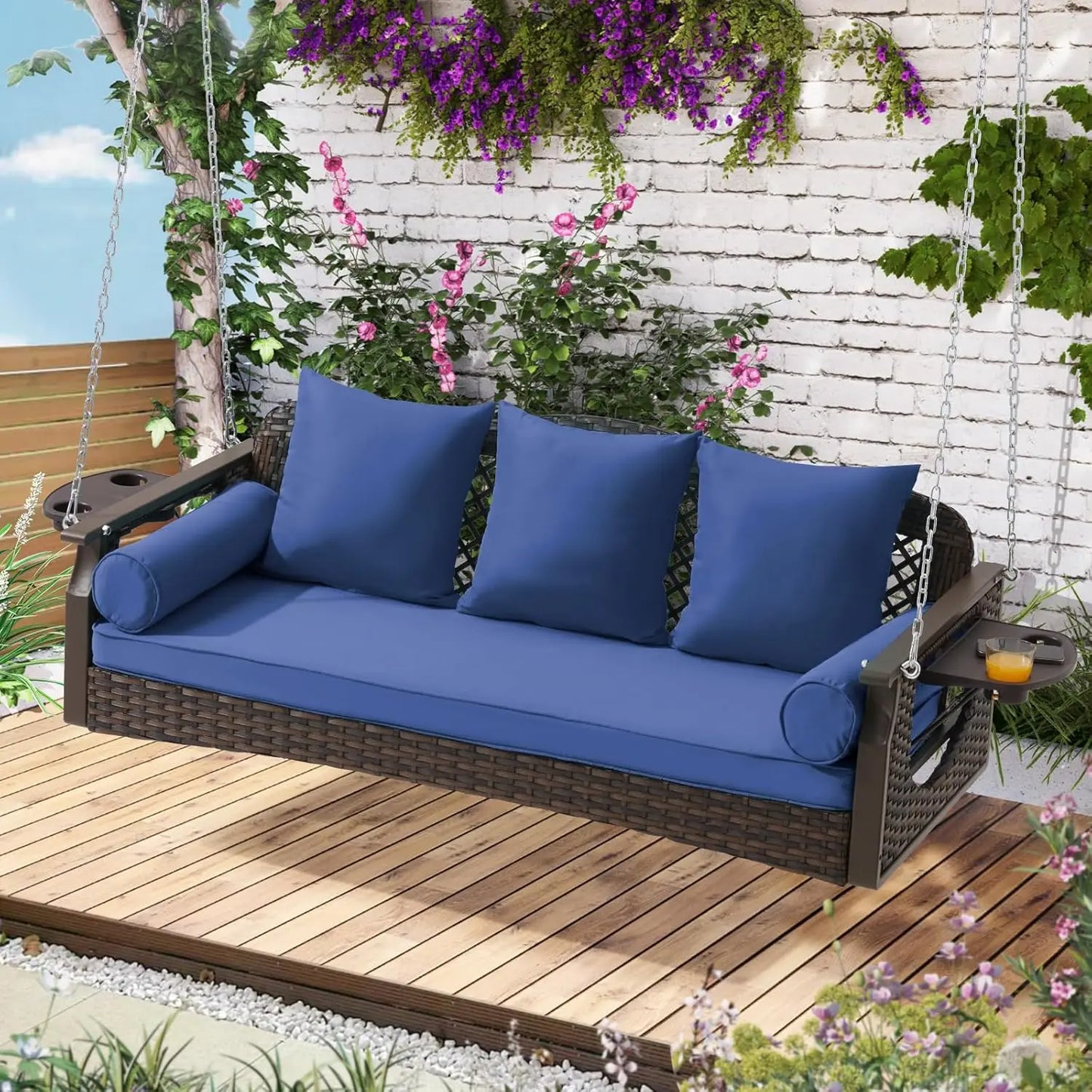 3 Seat Porch Swing, Wicker Patio Swing with Cup Holders & 3 Back Cushions, Yard Swing with Chains for Deck Garden Backyard