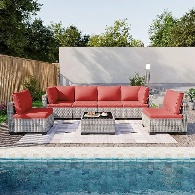 7 Piece Garden Furniture Set, Outdoor with Thick Cushions, Modular Rattan Garden Sofa, Anti-Rust Frame, Garden Furniture Set