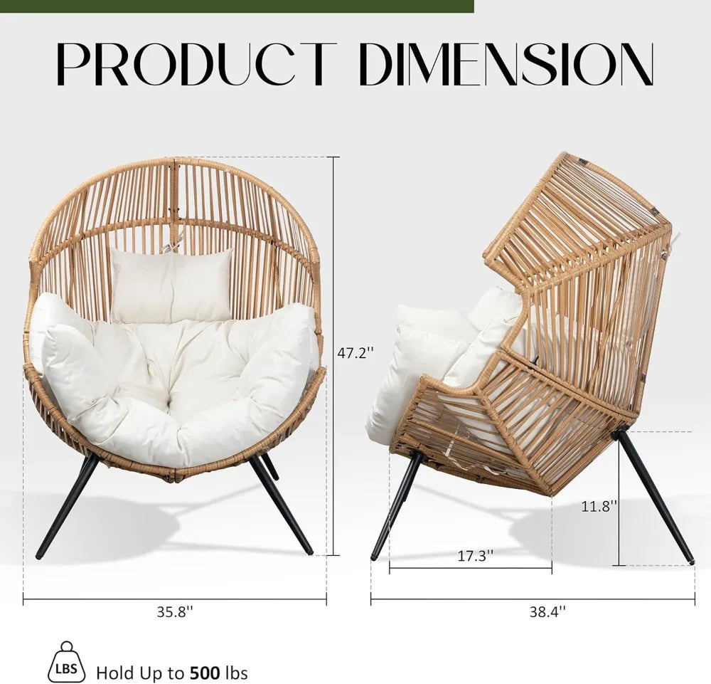 Oversized Wicker Egg Chair with Cushion, Indoor Outdoor Patio Lounger for Living Room Bedroom Balcony