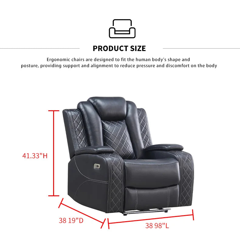 Power Reclining Sofa Couch with Wireless Charger 3 Seaters Recliner  Reading Light Leather Bluetooth Speaker Theater Seating LED