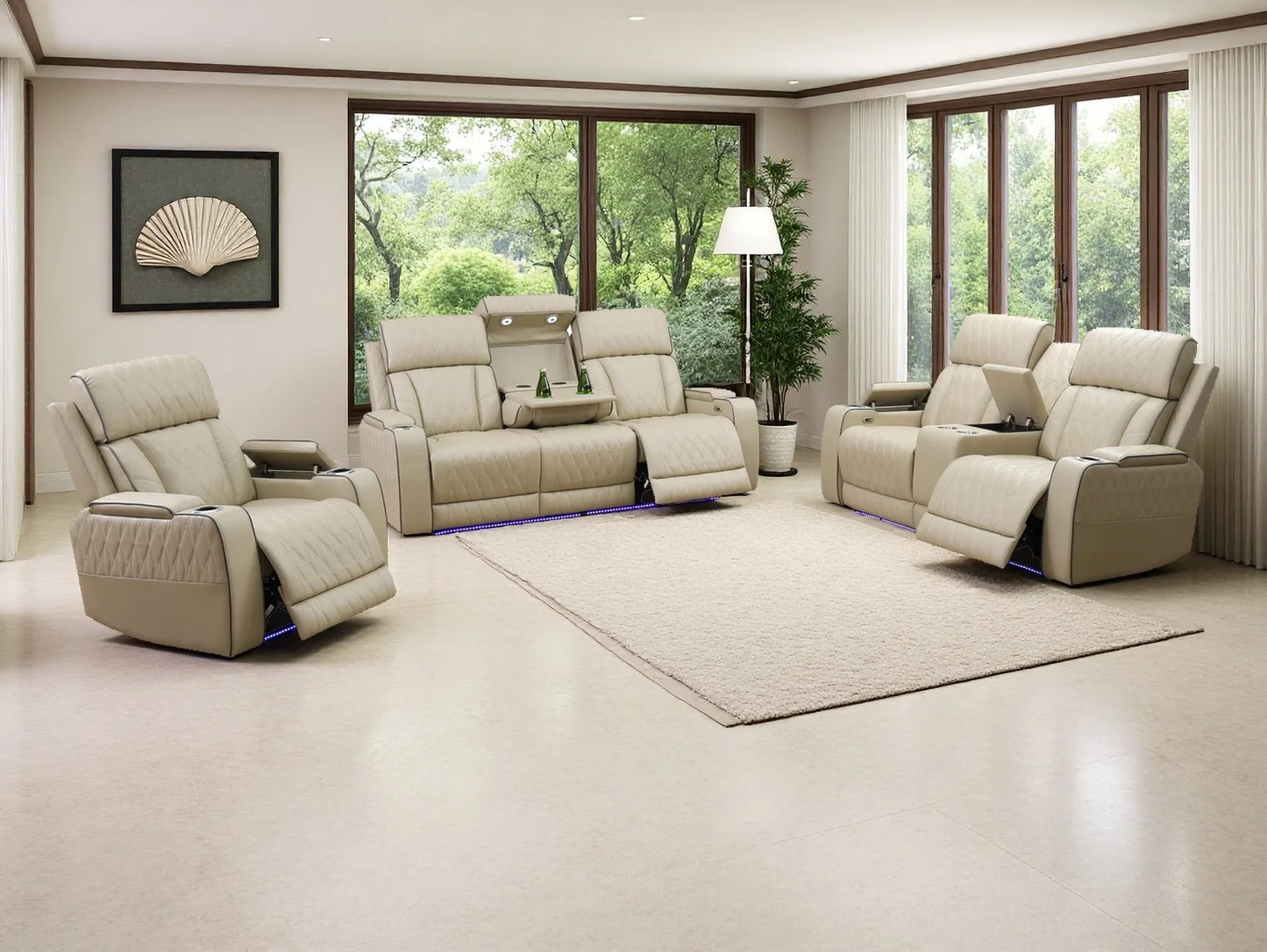 3PCS Power Recliner Sofa with Drop-Down Table Cup Holder, Beige Breathing Leather Power Reclining Sofa Set with Storage Console