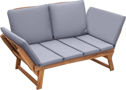 Devoko Outdoor Couch Acacia Wood Patio Couch with Adjustable Armrests Outdoor Convertible Sofa with Removable Cushions & Pillows