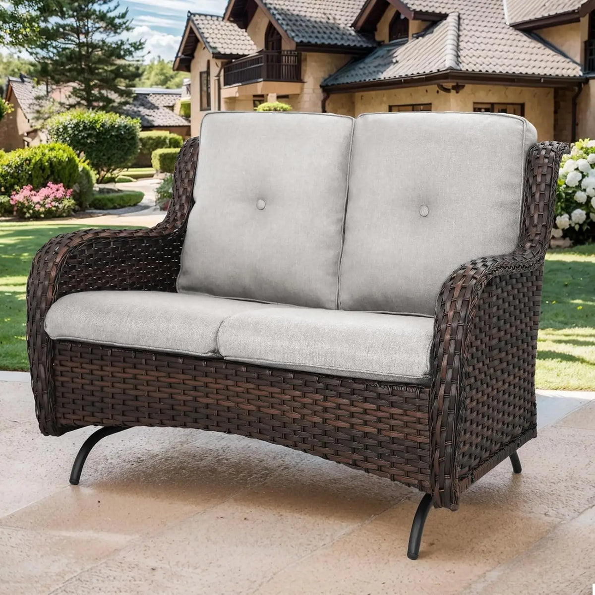 Patio Loveseat Wicker Loveseat Rattan Glider Sofa with Curved Armrest Thicking Back & Seat Cushions for Garden Balcony Backyard