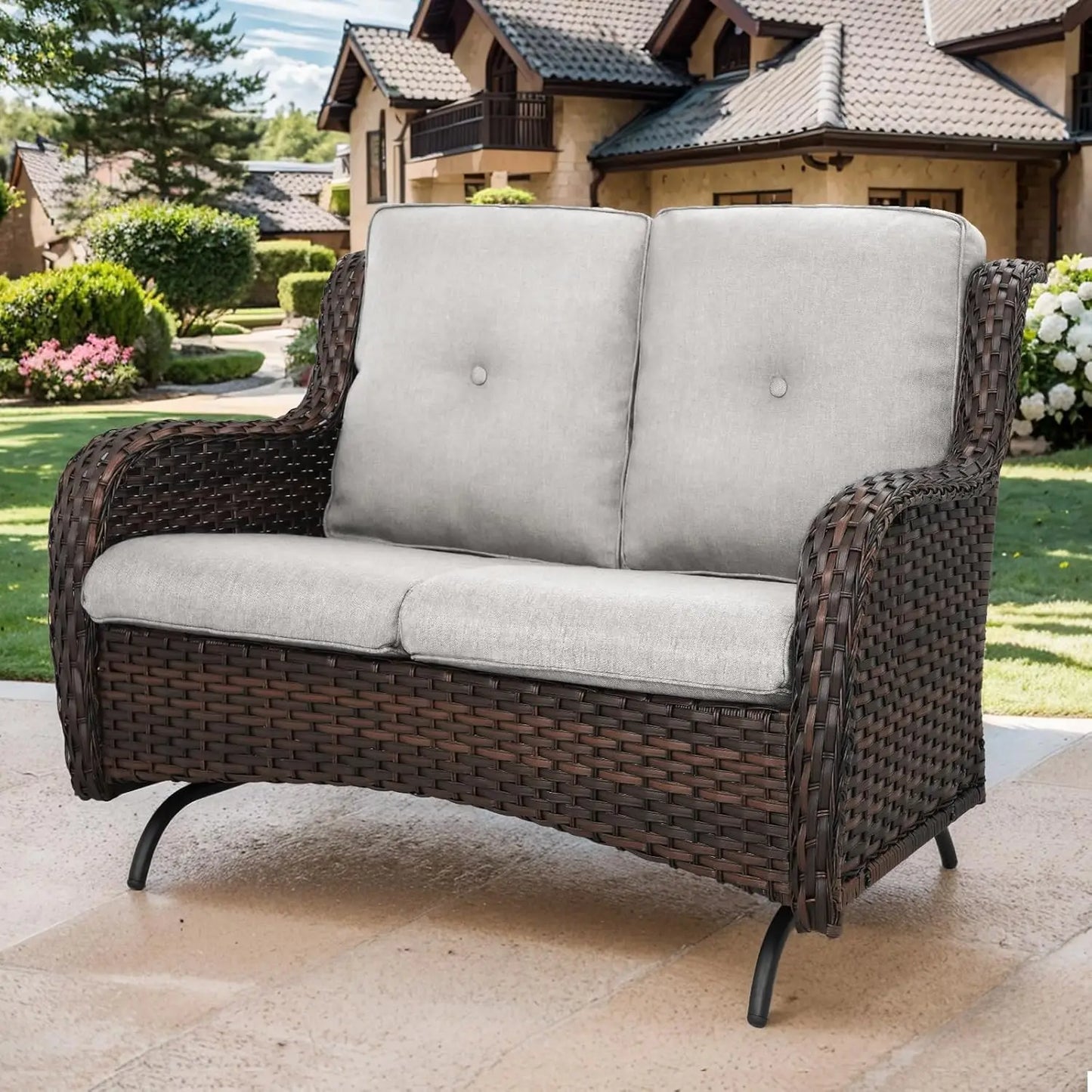 Patio Loveseat Wicker Loveseat Rattan Glider Sofa with Curved Armrest Thicking Back & Seat Cushions for Garden Balcony Backyard