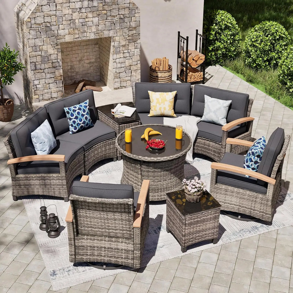 Half Moon Rattan Patio Conversation Set, Multi-Piece Outdoor Furniture