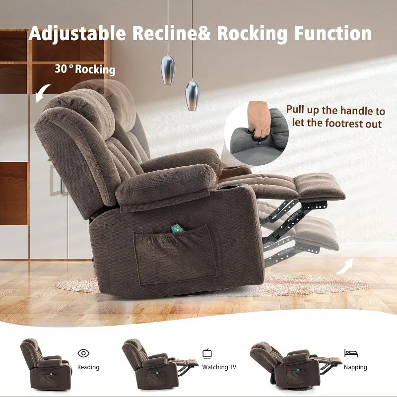 Ketaiyou Rocker Swivel Recliner Chair for Adults, Overstuffed Large Manual Recliner Glider with Massage and Heat, Comfy Soft
