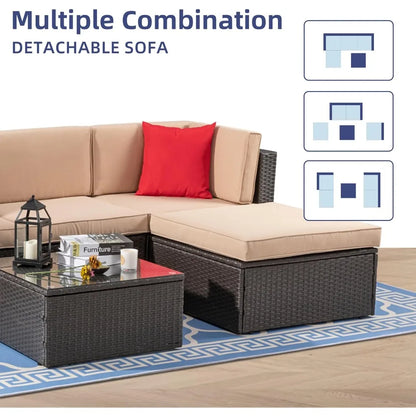 Vongrasig 5 Piece Patio Furniture Sets, All-Weather PE Rattan Wicker Outdoor Sectional Couch, Small Patio Conversation Set with