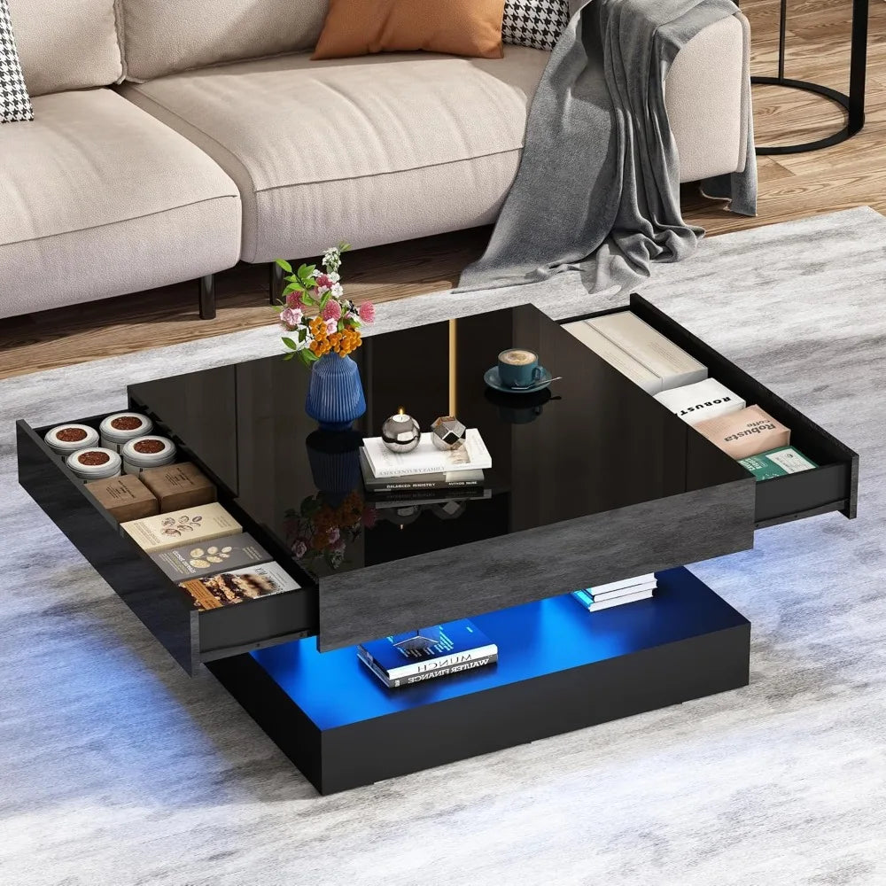 LED Coffee Table with Storage, Modern High Glossy Living Room Table w/2 Drawers,Double-Layer