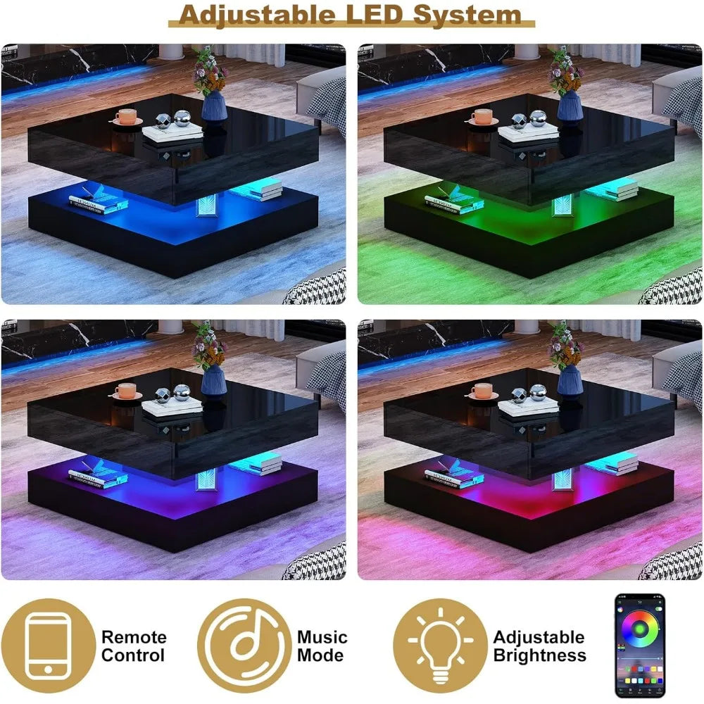 LED Coffee Table with Storage, Modern High Glossy Living Room Table w/2 Drawers,Double-Layer