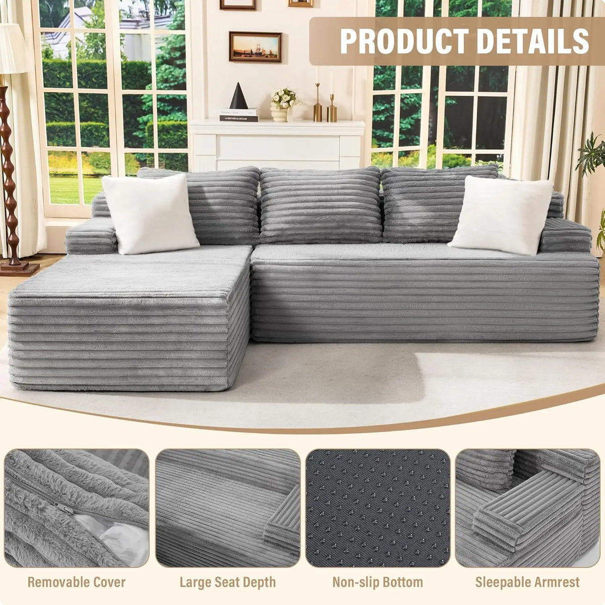 3 Seat L-Shape Modular Couch, Customized High Elastic Memory Foam Living Room Sofa