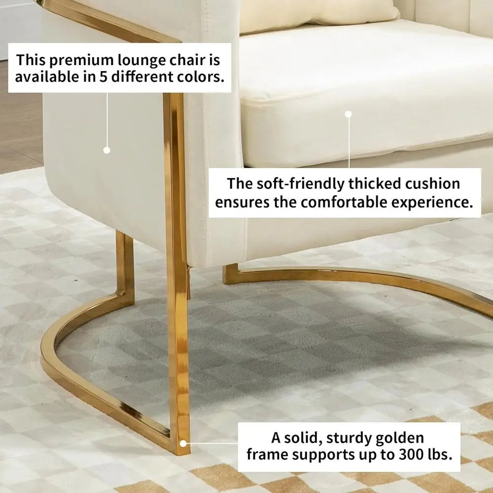 Mid-Century Velvet Accent Chair with Barrel Arms, Upholstered for Comfort, Gold Legs, White for Living/Bedroom，Customized