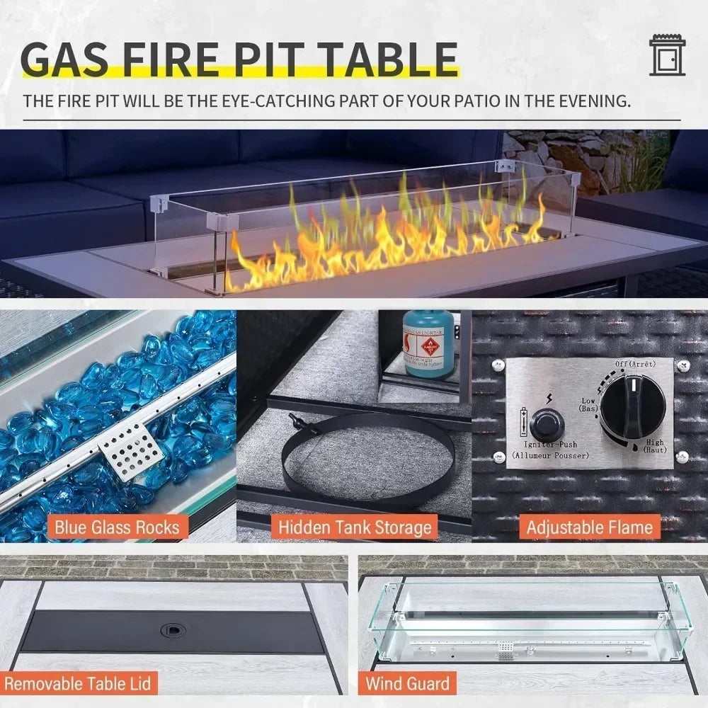 /-Patio Furniture 9 Piec Set with Cushions and 45” Gas fire Pit Table, Outdoor PE Rattan Sectional Conversation Sofa Set