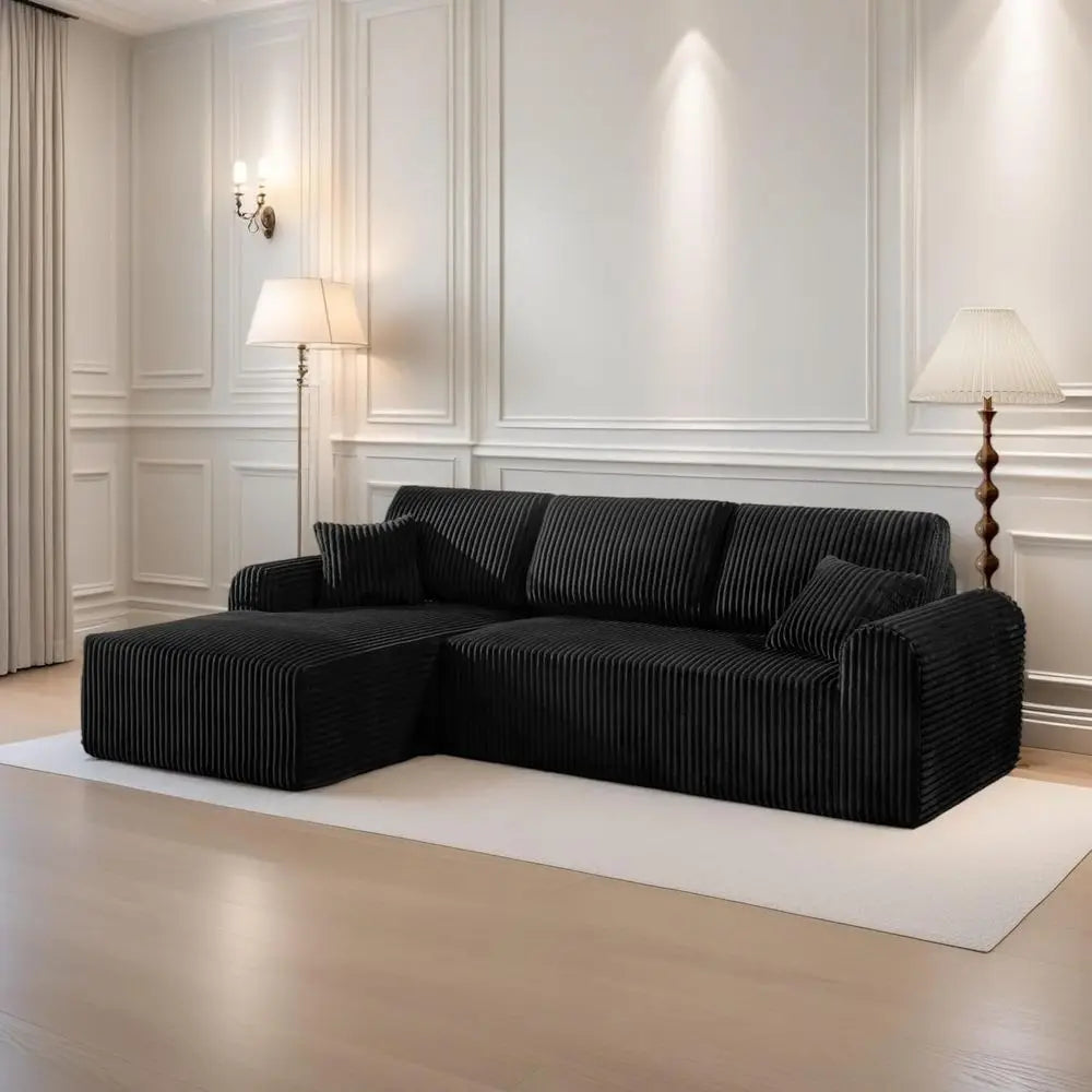 Black Corduroy L-Shaped Sofa with Chaise, Deep Seating, No Assembly Needed for Living Room or Bedroom