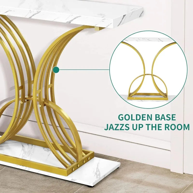 Gold Console Table,40 inch Entryway Tables Narrow Sofa Table for Living Room, Hallway, Faux Marble White