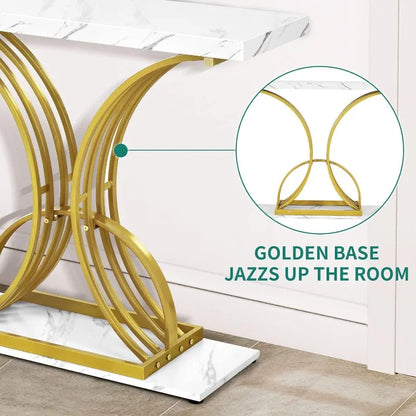 Gold Console Table,40 inch Entryway Tables Narrow Sofa Table for Living Room, Hallway, Faux Marble White