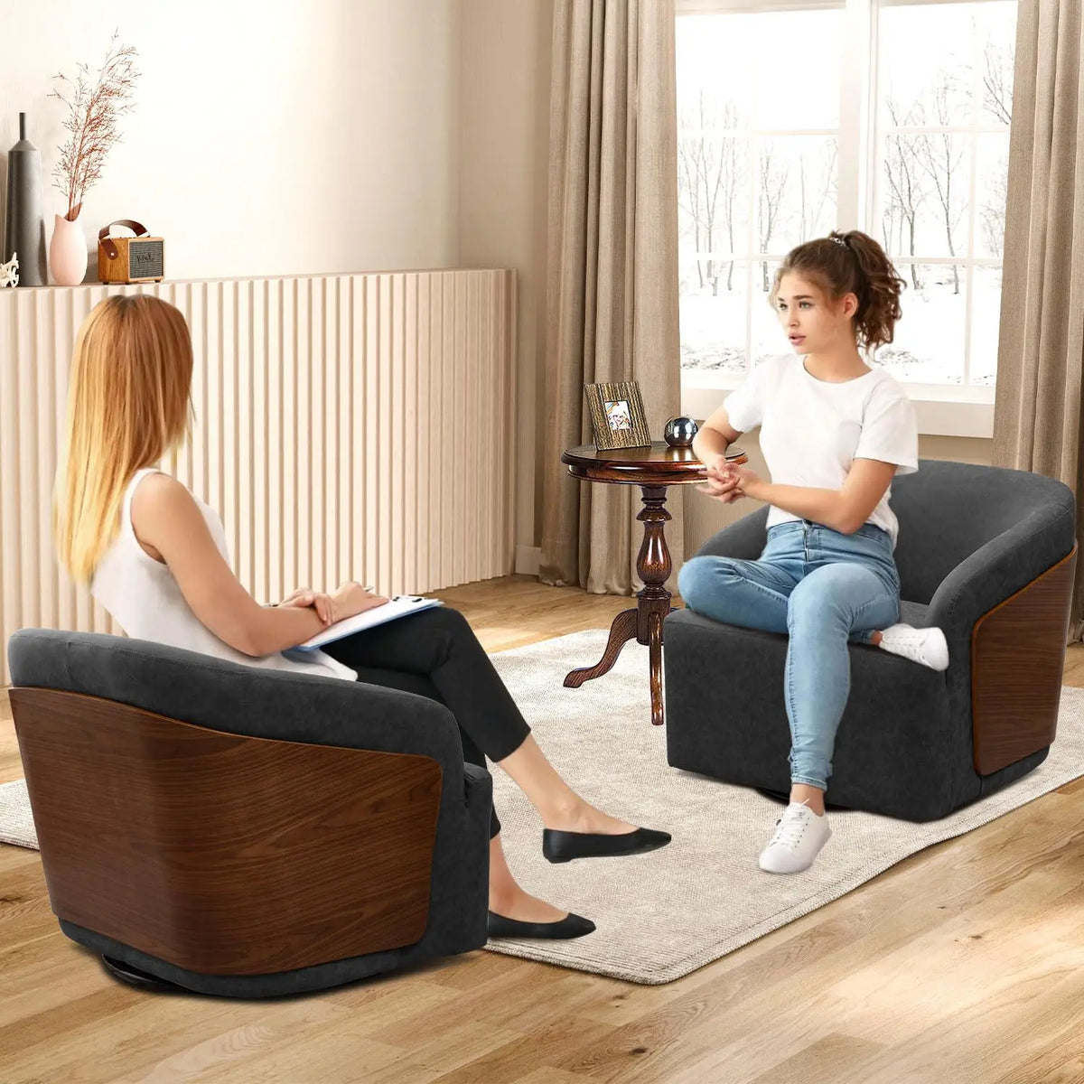 Swivel Accent Chair Faux Leather Swivel Barrel Chair Comfortable Mid Century Modern Chair Upholstered Metal Base, Customized