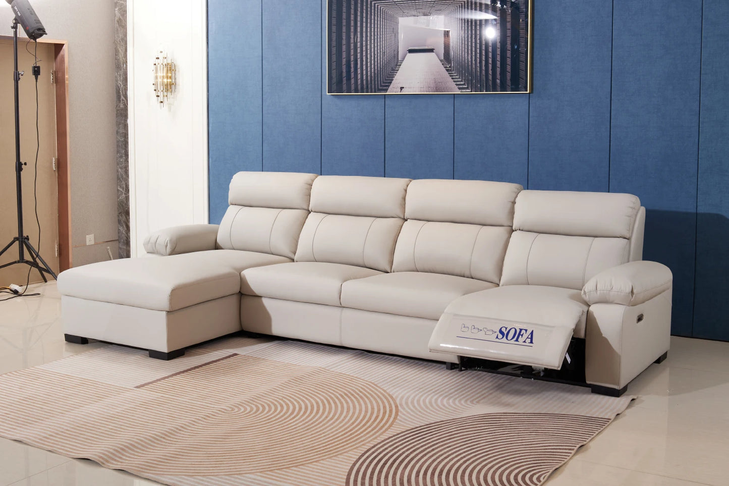 Modern Multi-functional l Shape White Leather Leather Sectional  Foldable Storage and Electric Recliner for Living Room Sofas