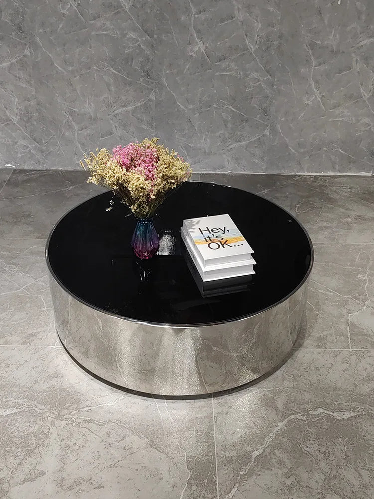 Italian mirror coffee table stainless steel small apartment tempered glass round combination design sense living room home