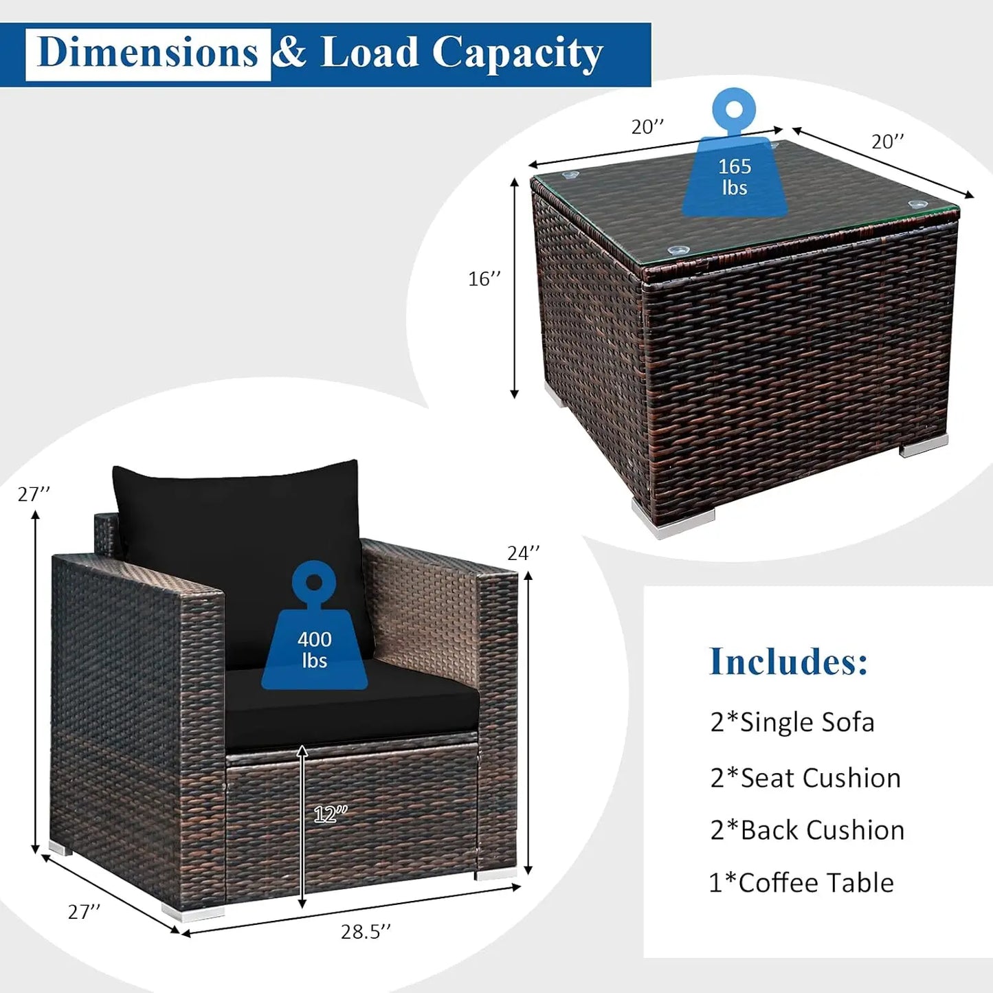 3 Pieces Patio Furniture Set, Outdoor Conversation Rattan Furniture Set w/Washable Cushion and Tempered Glass Tabletop, PE Ratta