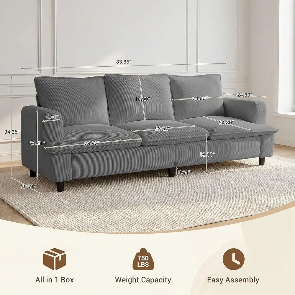 3-Seater 83 Deep-Seat Corduroy Sofa, Modern Comfort for Living Spaces, Offices, and Apartments (Pillows Not Included)