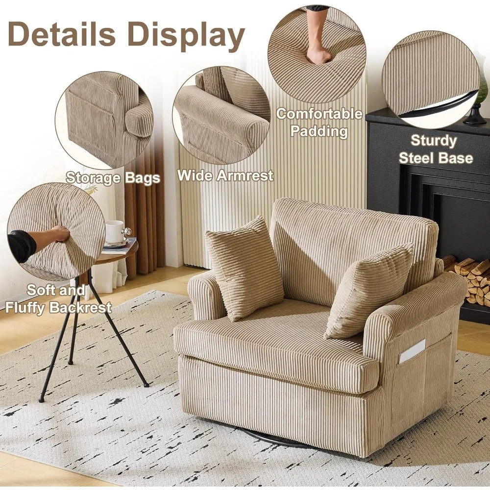 39 Swivel Accent Chair,Oversized Seat Armchair W/2 Pillows and 4 Pockets,Modern Upholstered Corduroy Barrel Chairs,Com