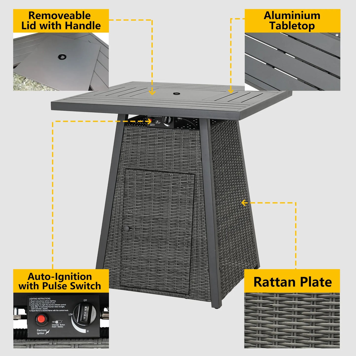 36" Square Fire Pit Table Outdoor Bar High Fire Tables Gas for Outside Patio Wicker Propane with Glass Fire Beads