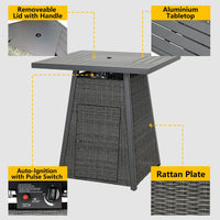 36" Square Fire Pit Table Outdoor Bar High Fire Tables Gas for Outside Patio Wicker Propane with Glass Fire Beads