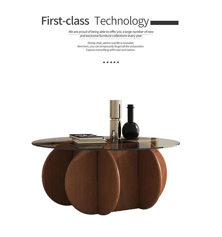 Table basse ronde en verre de luxe légère, Table basse moderne en bois massif, Table ronde nordique Simple