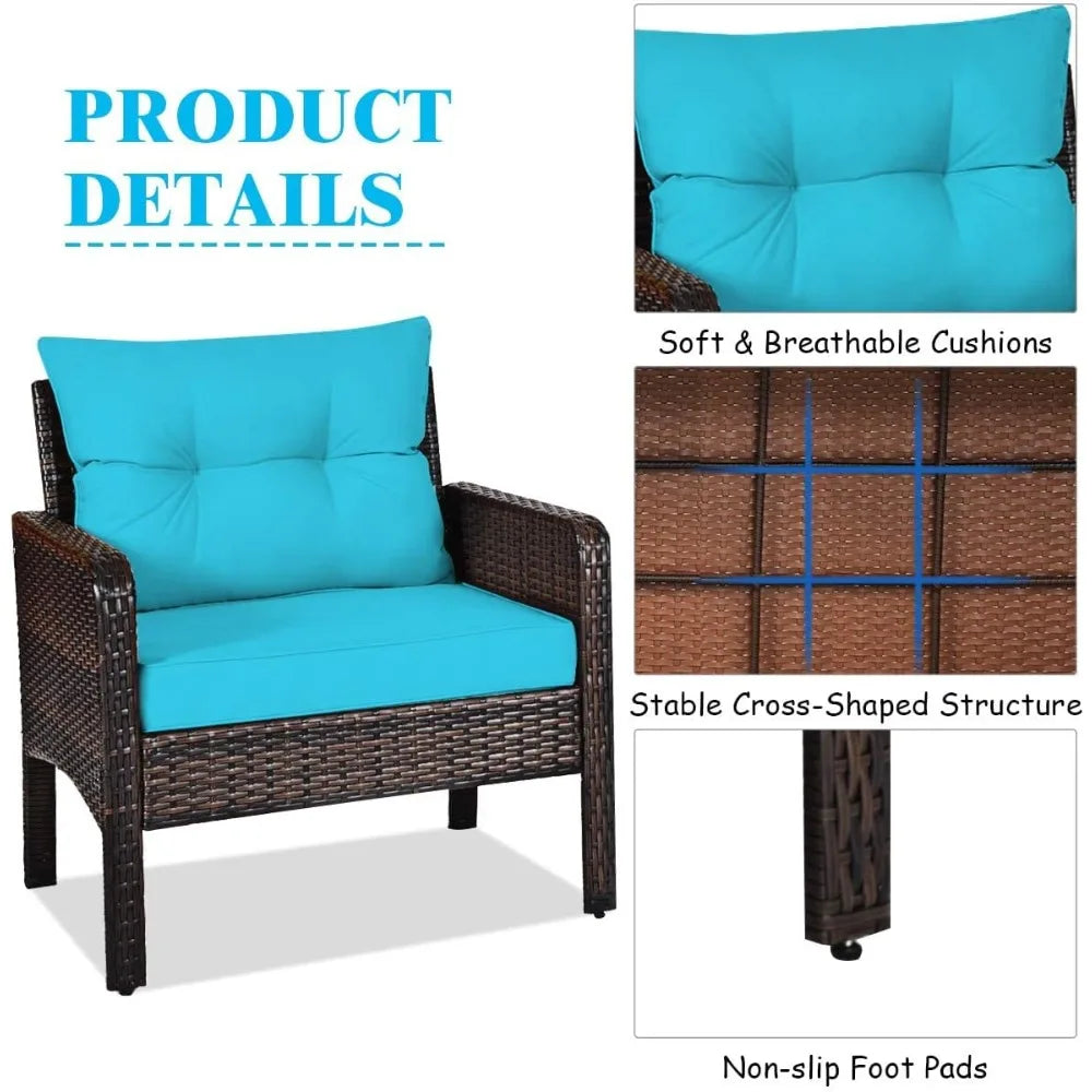 3-Piece Patio Furniture Set, PE Rattan Wicker Outdoor Conversation Set w/Glass Top Coffee Table & Thick Cushions.