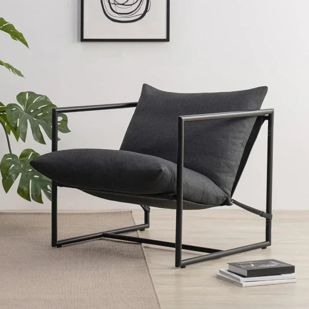/Sling Accent Chair / Metal Framed Armchair with Shredded Foam Cushioning, Dark Grey