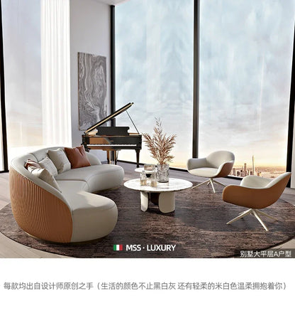 Two-color U-shaped villa leather sofa, modern light luxury semi-curved sofa