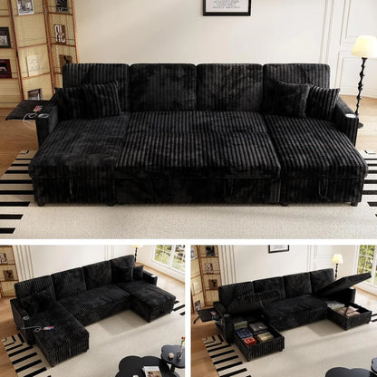 Sleeper Sectional Sofa, 110" Modern U Shaped Couch with Pull Out Bed, Convertible Corduroy Cloud Sofa with Double, Customized