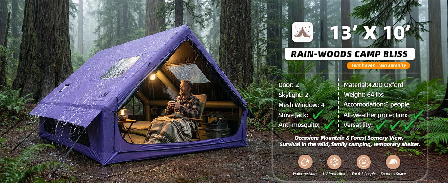 129 Sq Ft Large Inflatable Camping Tent Waterproof Oxford Air Tent House with Hand Pump 4 Season Sunproof Glamping Family Tent