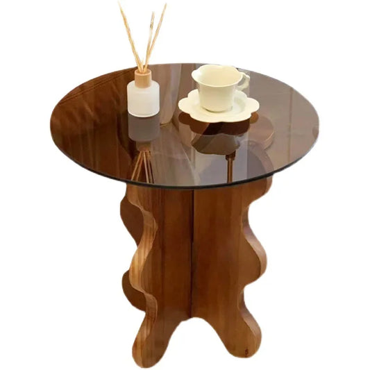 Table basse ondulée en bois massif, pétale rétro français, table créative en verre trempé, petite table ronde
