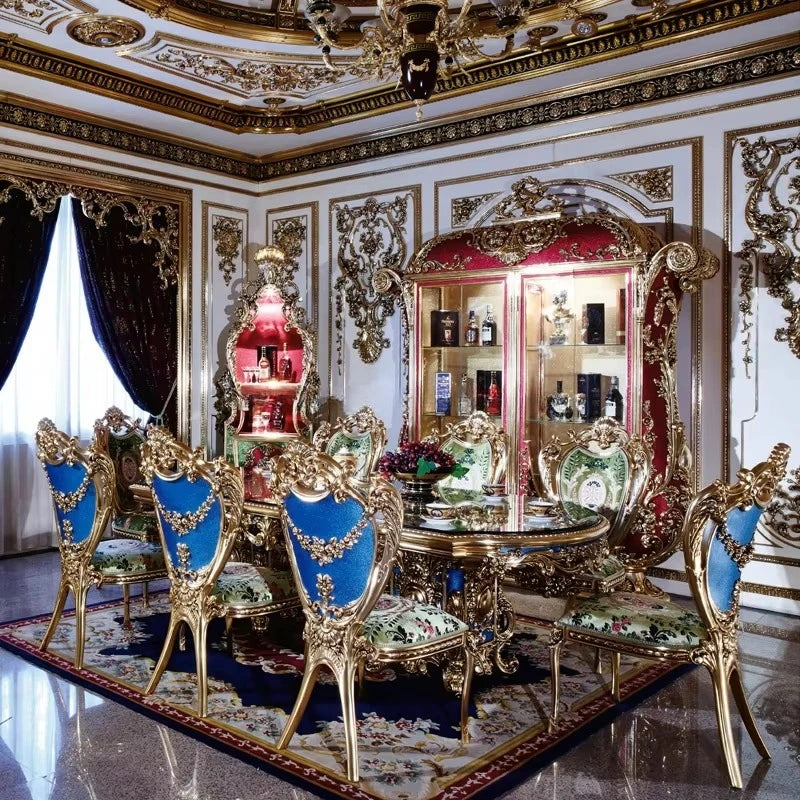 French Royal Baroque Dining Set — Hand-Carved Solid Wood Table with Upholstered Chairs, Luxury Gold for Villa/Hotel