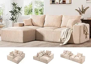 Modern Oversized L-Shape Corduroy Sectional Sofa with Comfort Height and Neck Pillow for Living Room