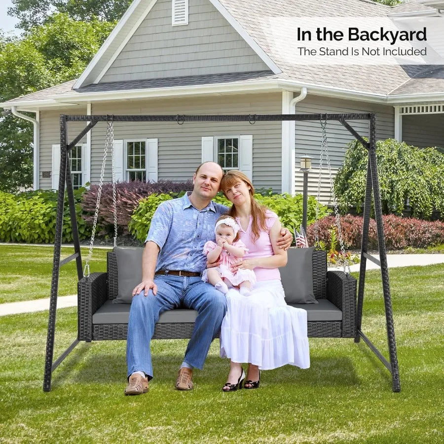 5FT Wicker Porch Swing for 3 Person 1000lb Capacity Outdoor Hanging Bench with 3 Removable Cushions in Beige Handwoven Weather-