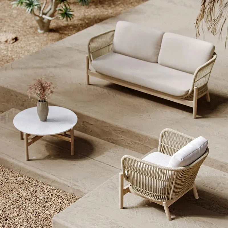 Nordic solid wood outdoor leisure rattan antiseptic wood sofa waterproof and sunscreen courtyard model room teak furniture