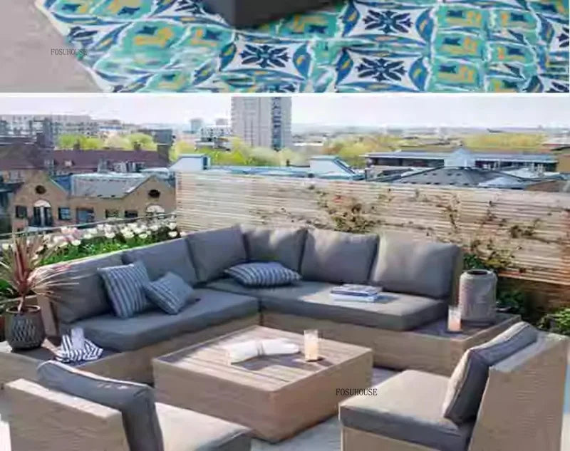 American Modern Courtyard Furniture Leisure Rattan Sofa Chairs Outdoor Country Corner Garden Sofas Patio Furniture Set a