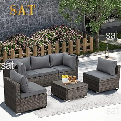 Y 6 Pieces Patio Furniture Sets, Rattan Daybed with Retractable Canopy, Outdoor Sectional Sofa Set with Adjustable Backrest