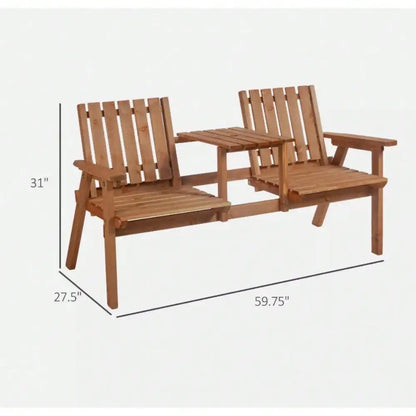 Outdoor Patio Wooden Balcony Double Chair Garden Front Porch Bench with Table
