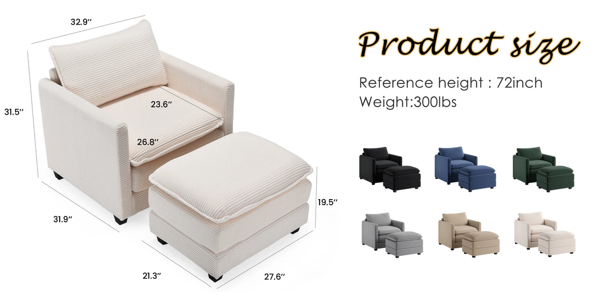 Corduroy Armchair with Ottoman Set, Accent Chair & Footstool, High-Quality Foam, Easy 15-Min Assembly, for Living Room, Bedroom