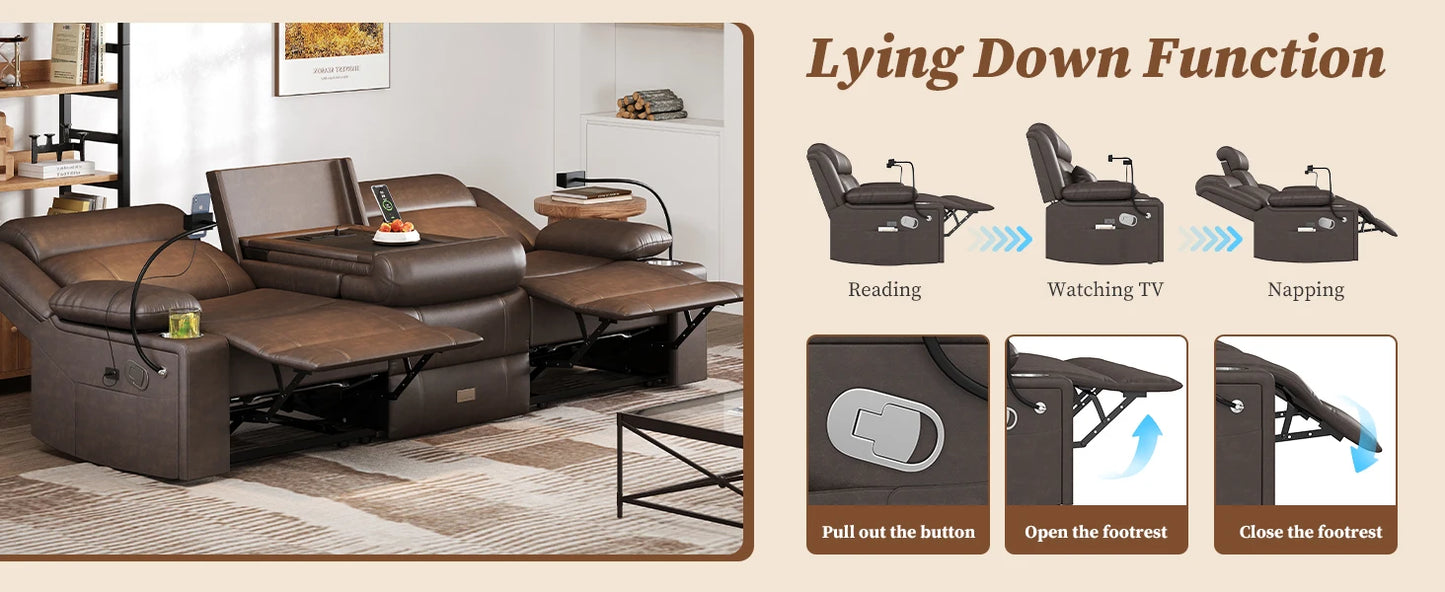 LEVELEVE Home Theater Seating，RV Reclining Sofa Set with Adjustable Headrest， Recliner Sofa with Heat and USB&Type-C, Dawer